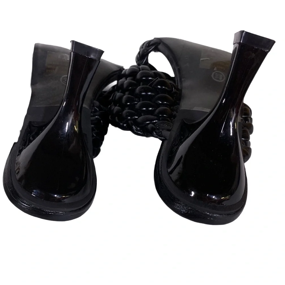 WSKEISP BLACK FAUX LEATHER BRAIDED STRAPS SQUARE HEEL MULES (38)